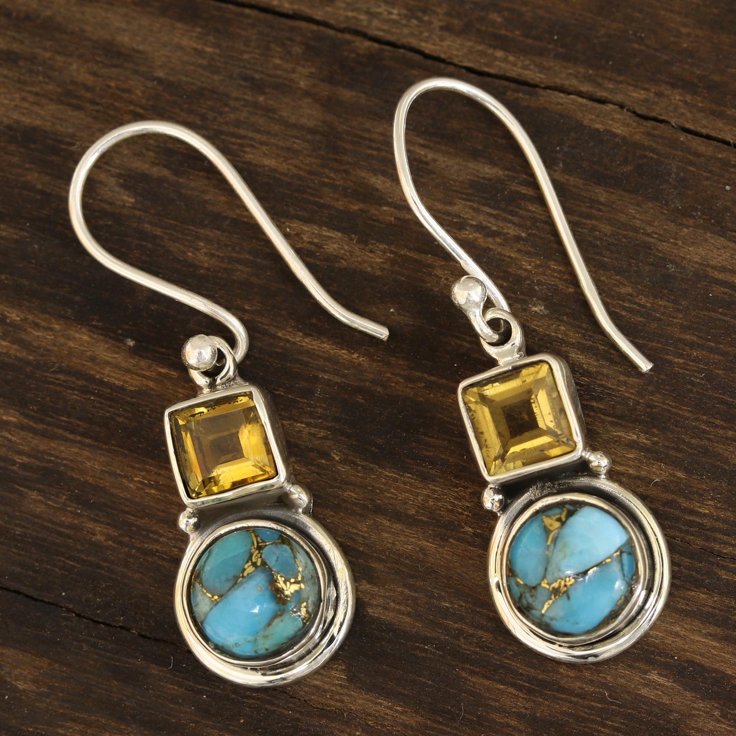 Glittering Combo Square Citrine and Composite Turquoise Dangle Earrings