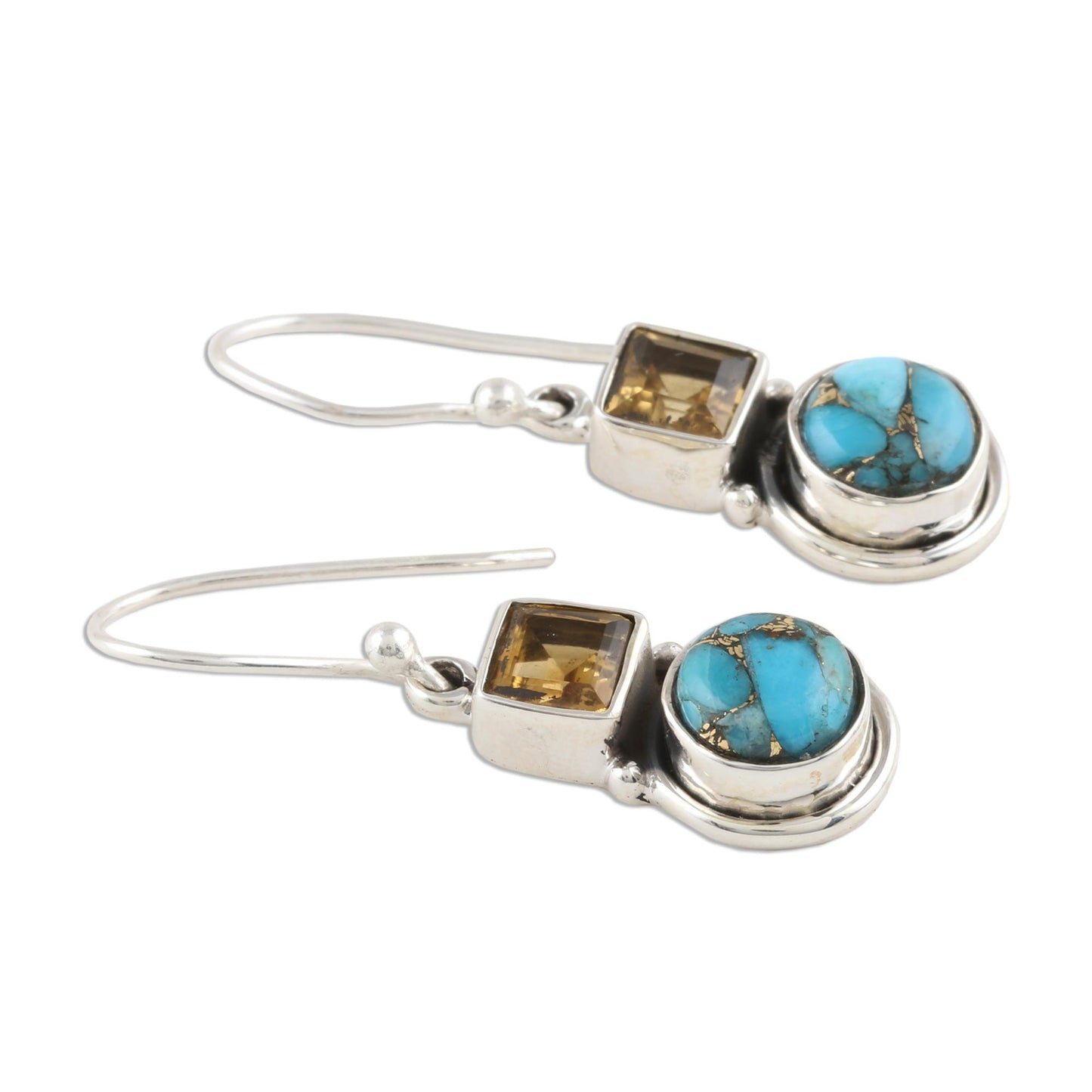 Glittering Combo Square Citrine and Composite Turquoise Dangle Earrings