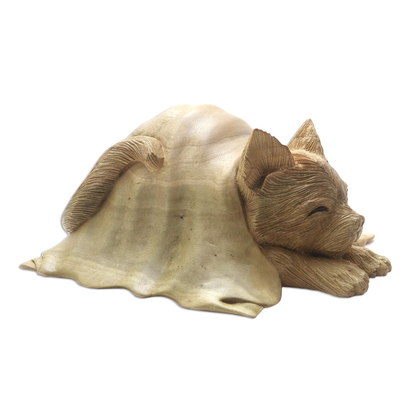 Chilly Cat Hibiscus Wood Sculpture of a Cat in a Blanket from Bali
