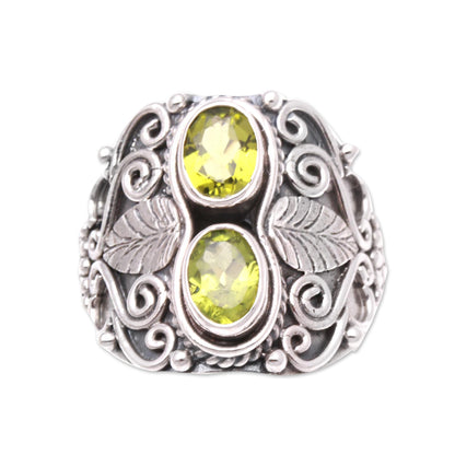 Verdant Eyes Leaf Motif Peridot Cocktail Ring Crafted in Bali