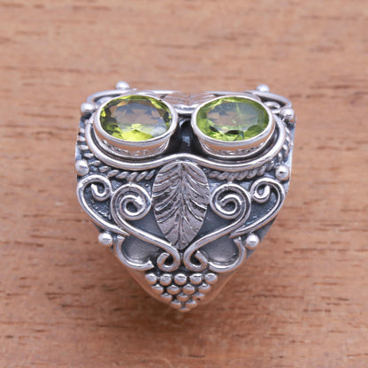 Verdant Eyes Leaf Motif Peridot Cocktail Ring Crafted in Bali