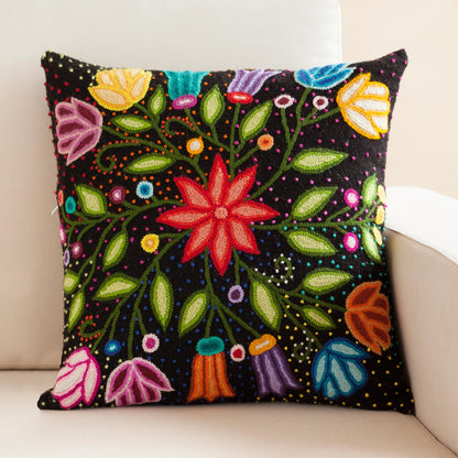 Dark Garden Floral Embroidered Wool Cushion Cover from Peru