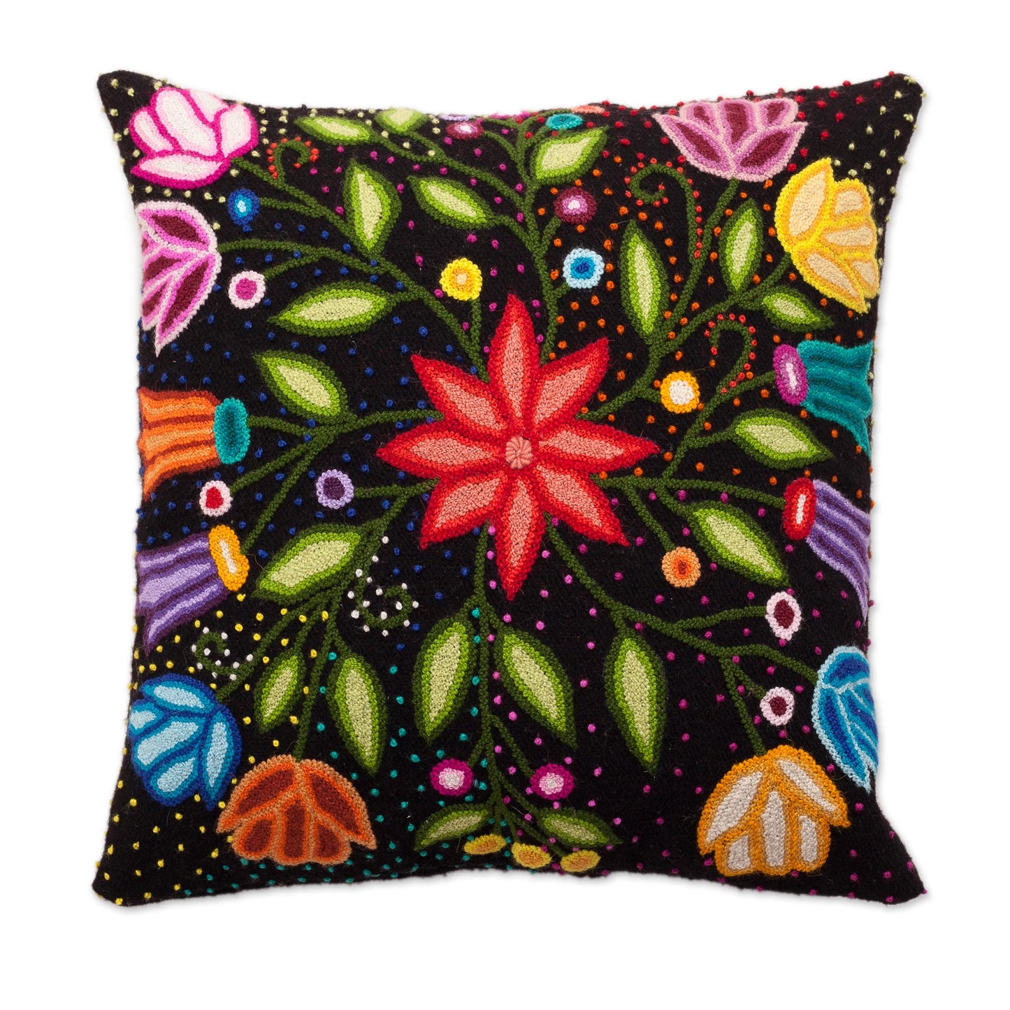 Dark Garden Floral Embroidered Wool Cushion Cover from Peru