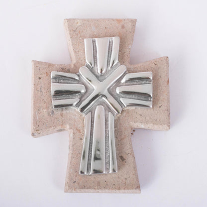 Strapped Cross Pewter and Reclaimed Stone Wall Cross from Mexico