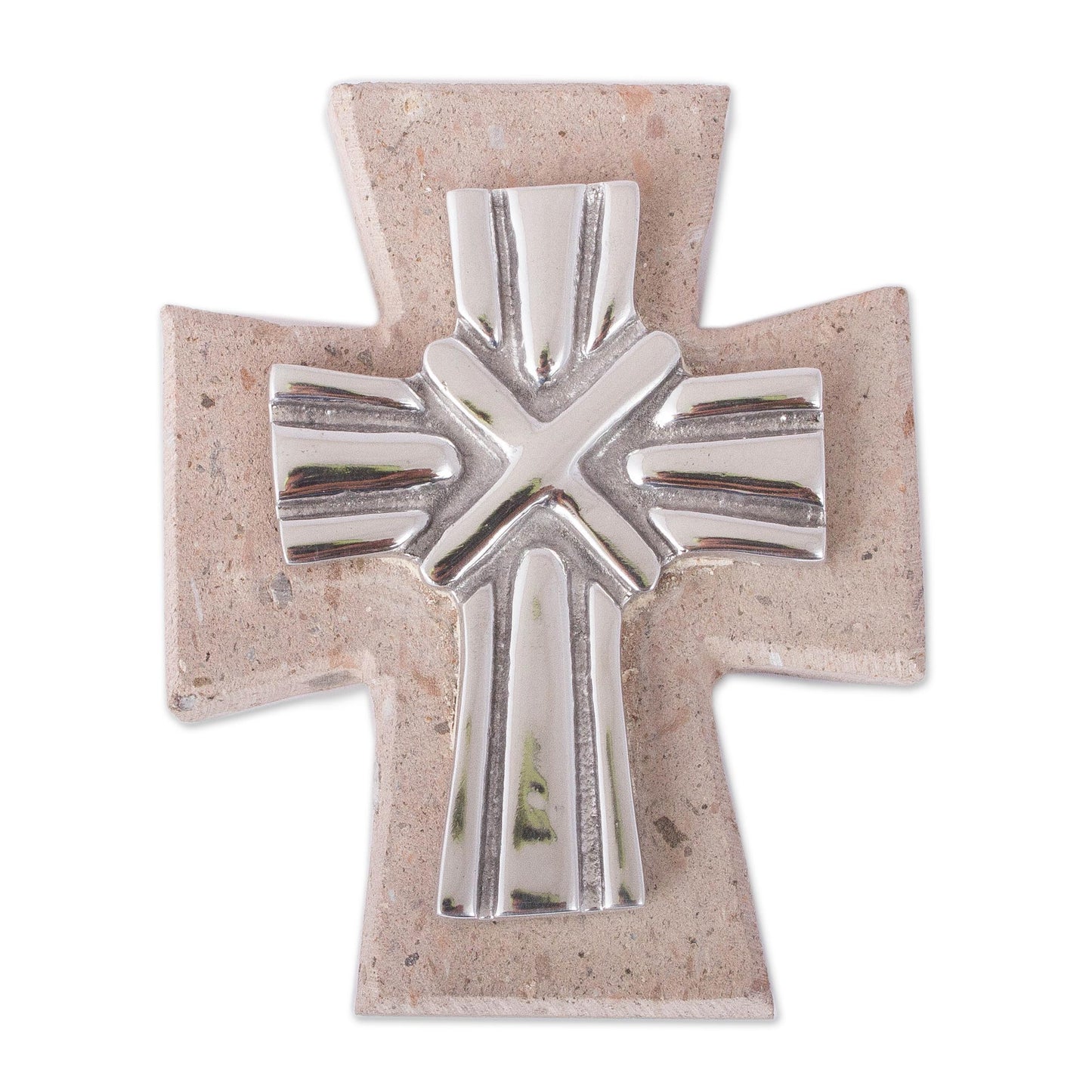 Strapped Cross Pewter and Reclaimed Stone Wall Cross from Mexico