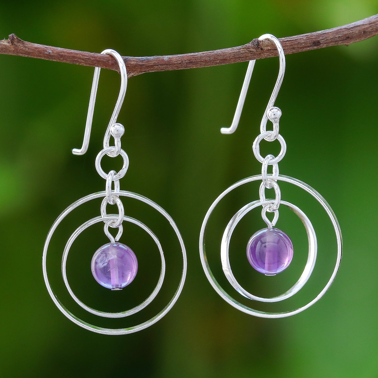 Elegant Orbit Circular Amethyst Dangle Earrings Crafted in Thailand