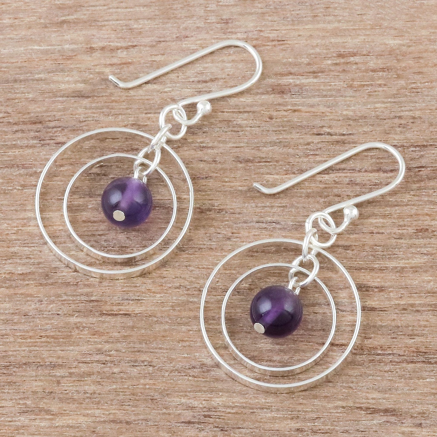 Elegant Orbit Circular Amethyst Dangle Earrings Crafted in Thailand