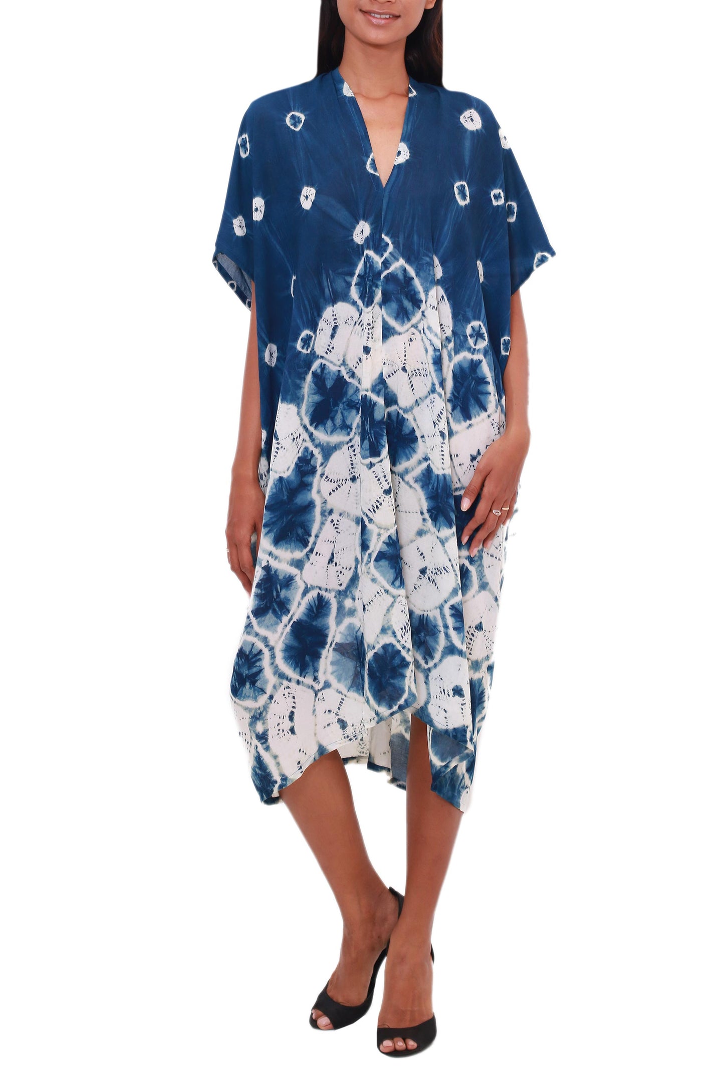 Segara Beauty Square and Circle Motif Tie-Dyed Rayon Caftan from Java