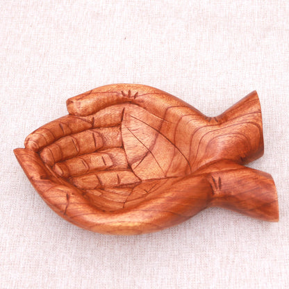 Giving Alms Suar Wood Hand Catchall Crafted in Indonesia