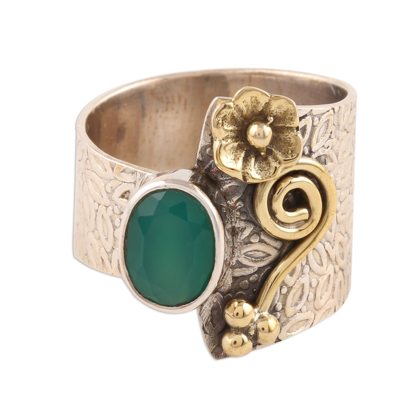 Garden Gold Floral Green Onyx Cocktail Ring Crafted in India