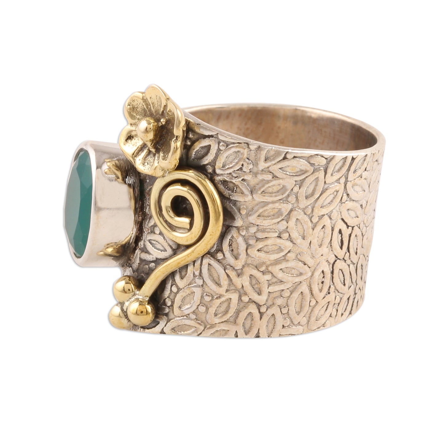 Garden Gold Floral Green Onyx Cocktail Ring Crafted in India