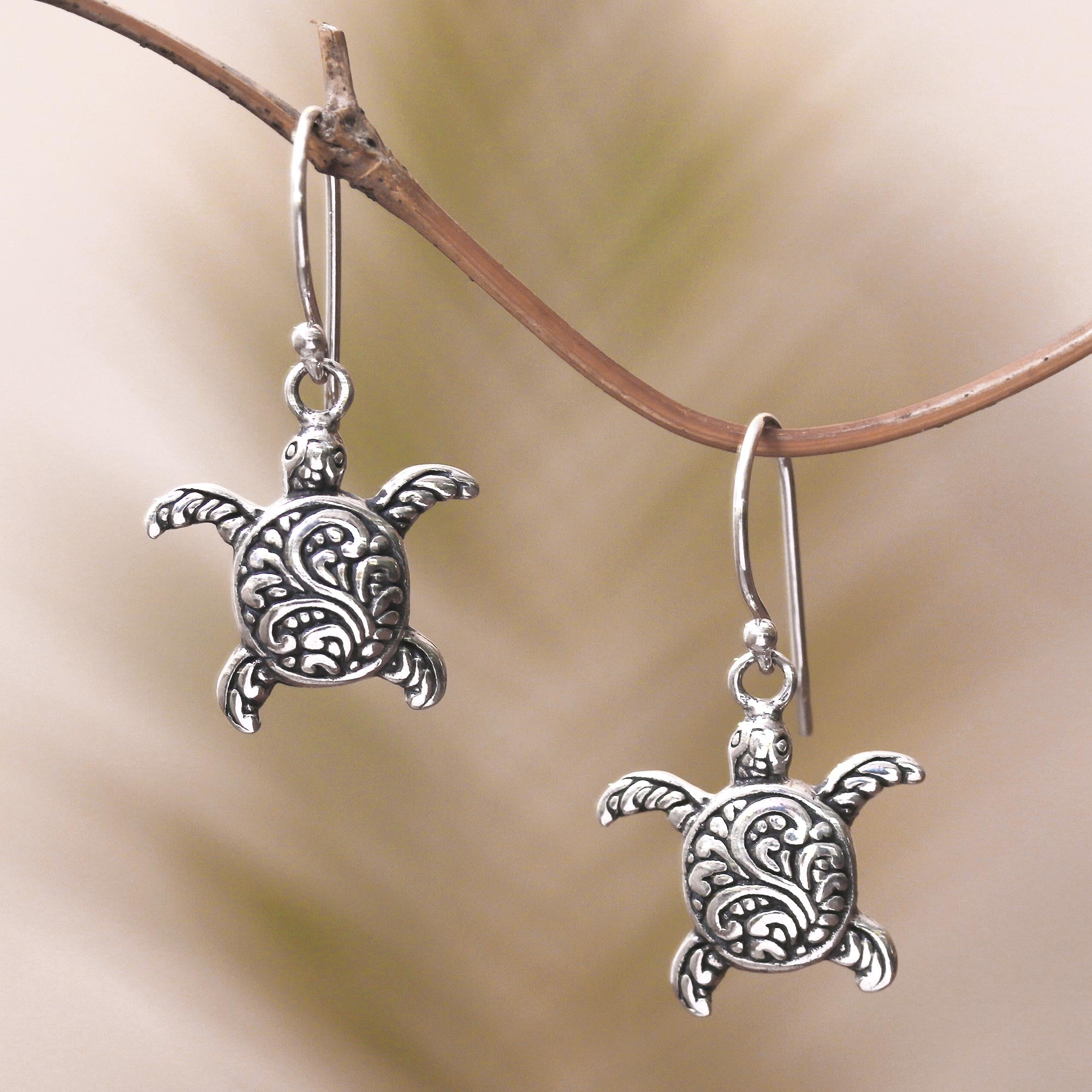 NOVICA Baby Turtles Sterling Silver Sea Turtle Dangle Earrings from Bali GreaterGood