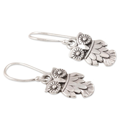 Night Vision Sterling Silver Owl Dangle Earrings from India