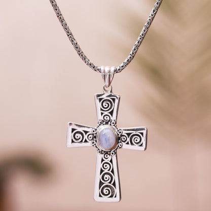 Mesmerizing Faith Rainbow Moonstone Cross Pendant Necklace from Bali