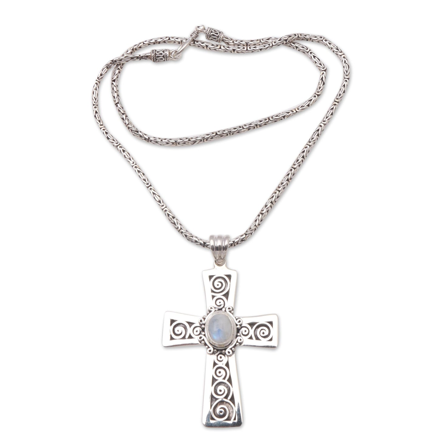 Mesmerizing Faith Rainbow Moonstone Cross Pendant Necklace from Bali