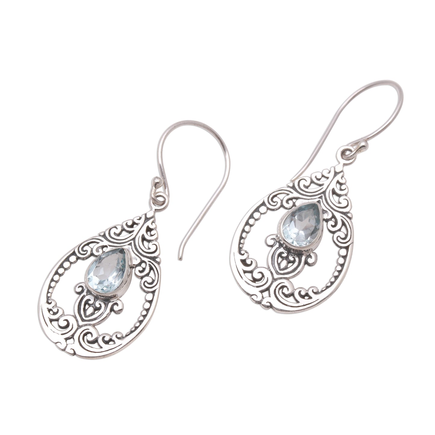 Glittering Pear Faceted Pear Blue Topaz Dangle Earrings from Bali