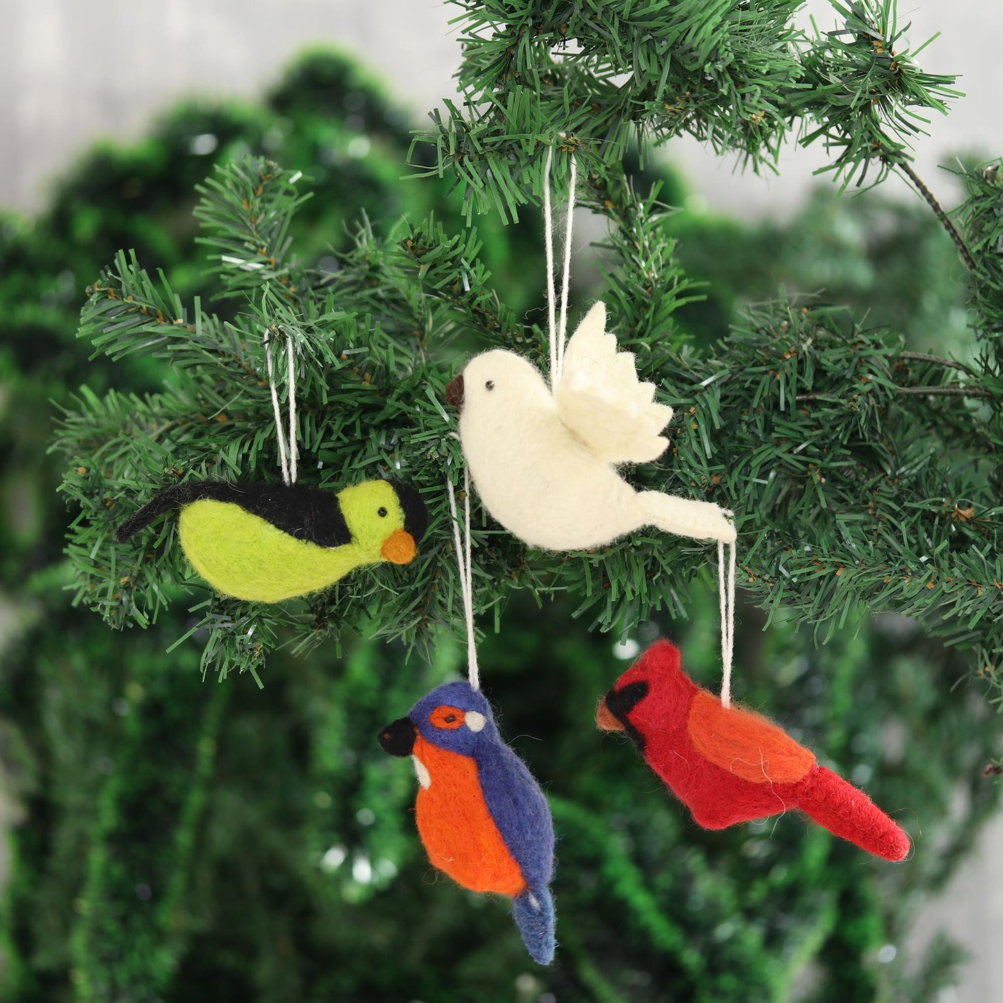 Winter Birds Assorted Wool Felt Bird Ornaments from India (Set of 4)