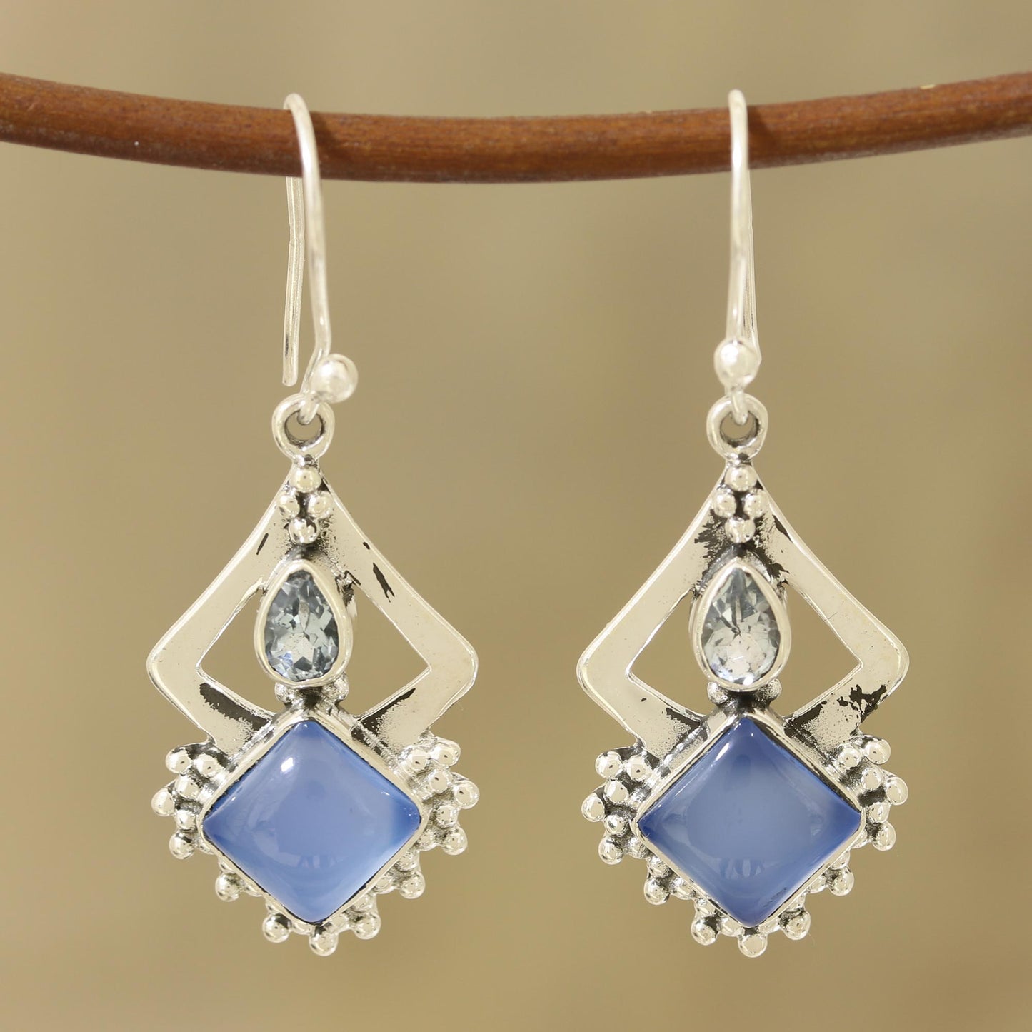 Blue Creativity Chalcedony and Blue Topaz Dangle Earrings from India