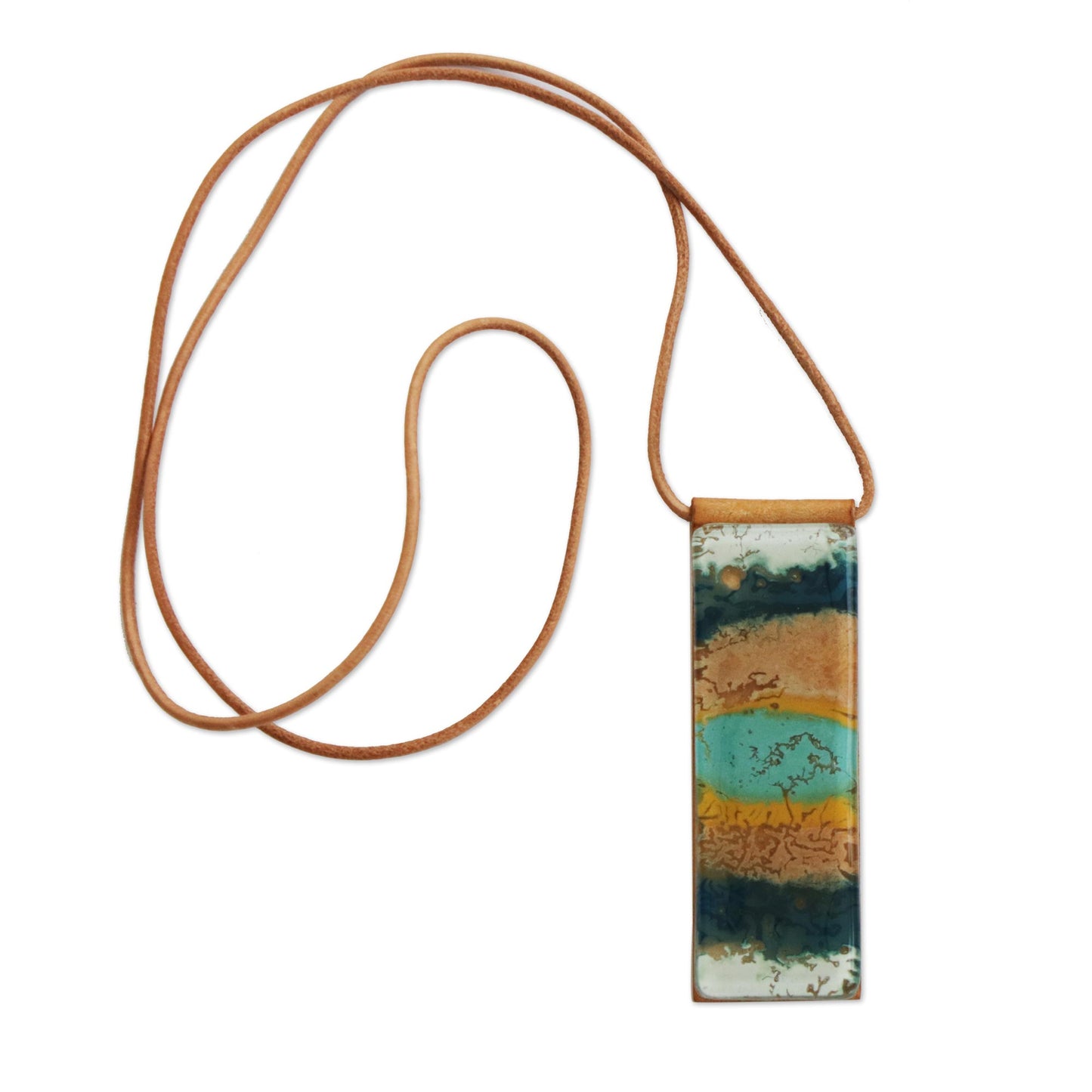 Layers of Ocean Blue and Brown Glass and Leather Pendant Necklace