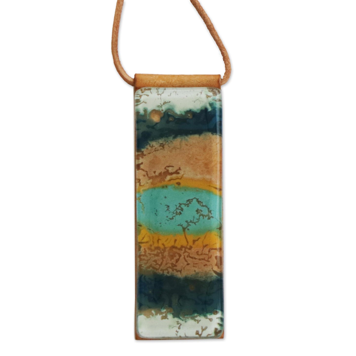 Layers of Ocean Blue and Brown Glass and Leather Pendant Necklace