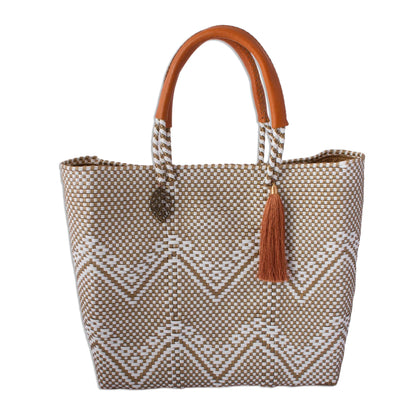 Golden Zigzags White and Gold-Tone Leather Accented Tote