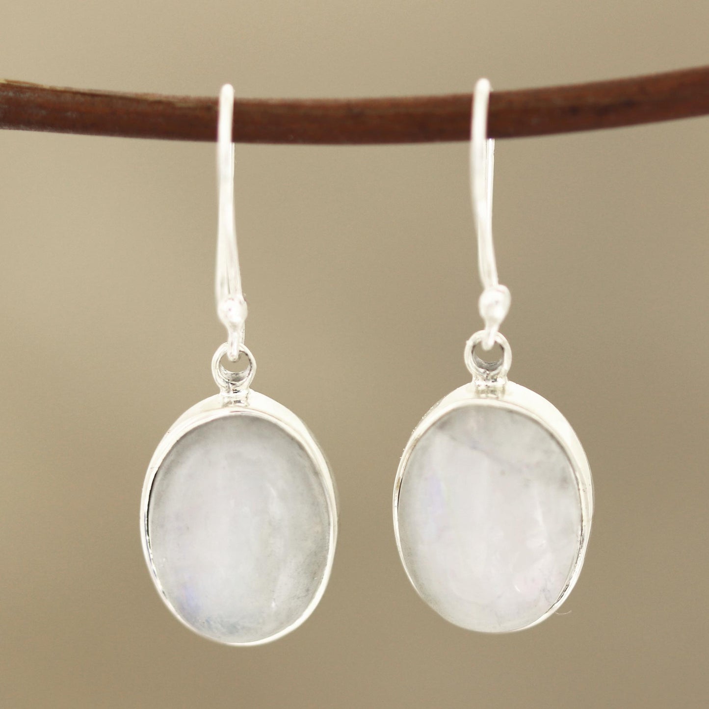 Eternal Ovals Natural Rainbow Moonstone Dangle Earrings from India