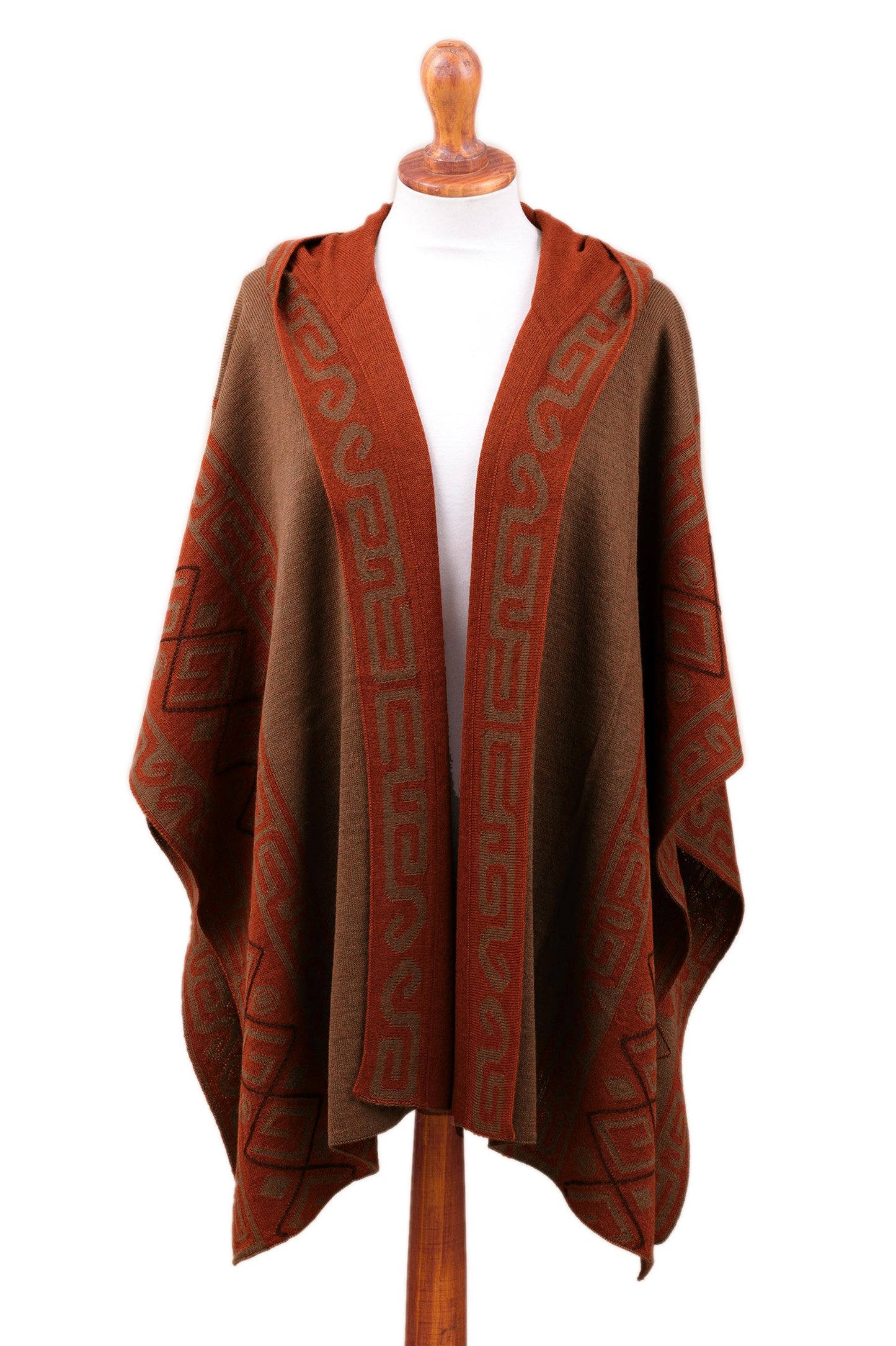 Inca Adventure Reversible Sepia and Pumpkin Alpaca Blend Hooded Ruana