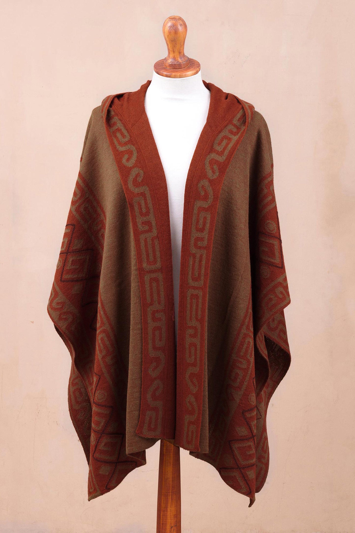 Inca Adventure Reversible Sepia and Pumpkin Alpaca Blend Hooded Ruana