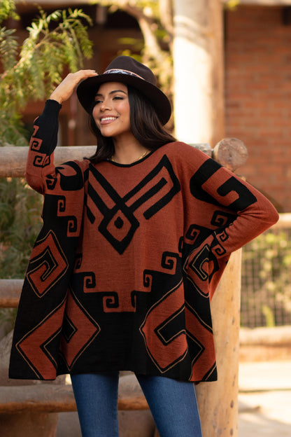 Inca Contrast Black and Russet Alpaca Blend Poncho from Peru