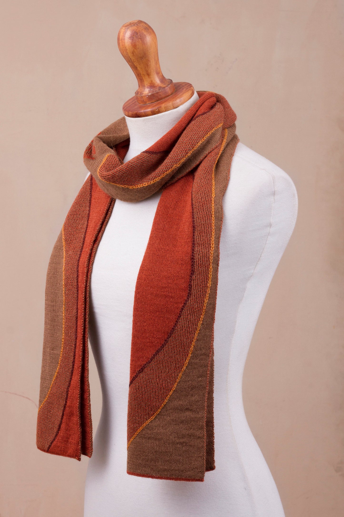 Pumpkin and Sepia Cosmovision Sun Motif Sepia and Pumpkin Alpaca Blend Scarf from Peru