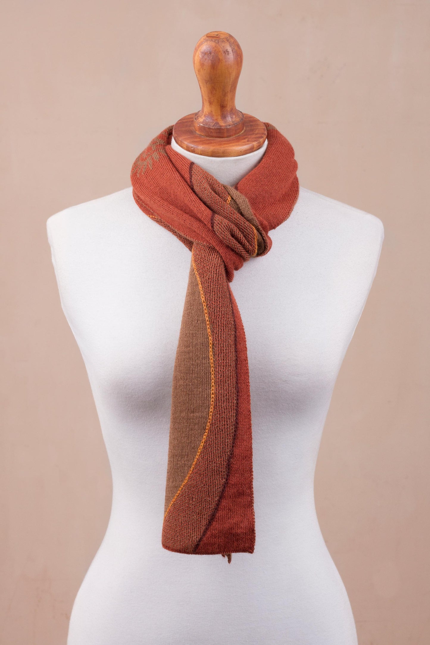 Pumpkin and Sepia Cosmovision Sun Motif Sepia and Pumpkin Alpaca Blend Scarf from Peru