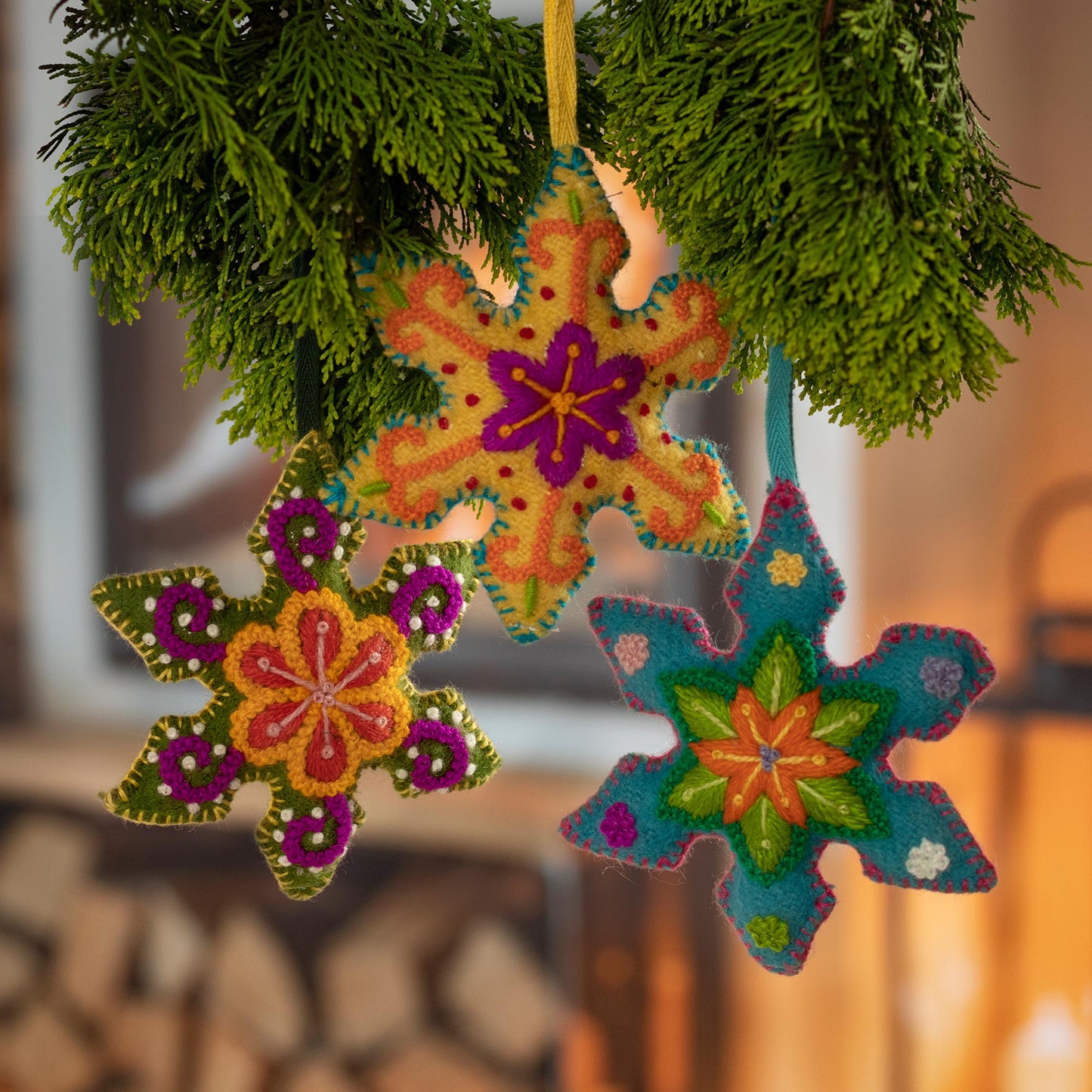 Vibrant Snowflakes Embroidered Wool Snowflake Ornaments from Peru (Set of 3)