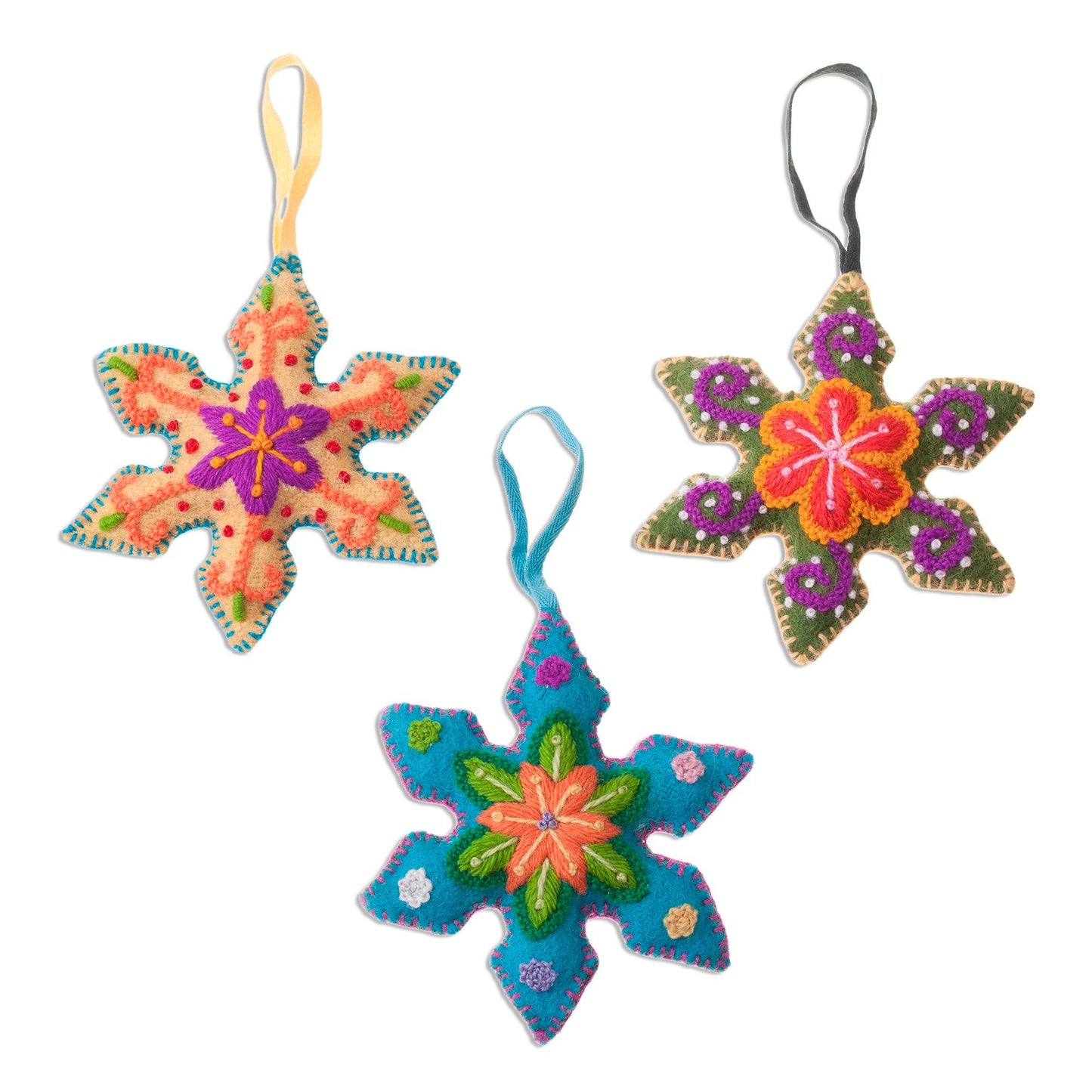 Vibrant Snowflakes Embroidered Wool Snowflake Ornaments from Peru (Set of 3)