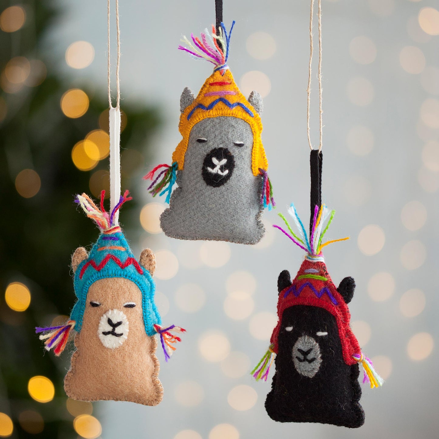 Sleepy Llamas Assorted Wool Llama Ornaments from Peru (Set of 3)