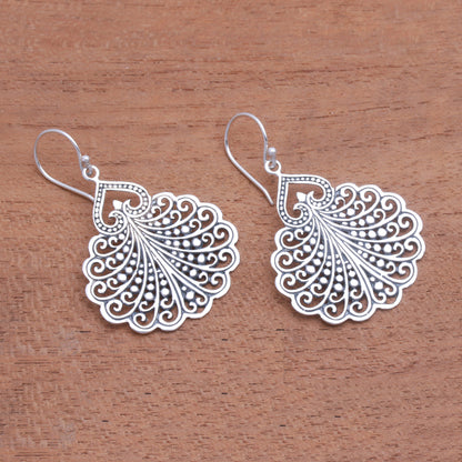 Peacock's Tail Fan Pattern Sterling Silver Dangle Earrings from Bali