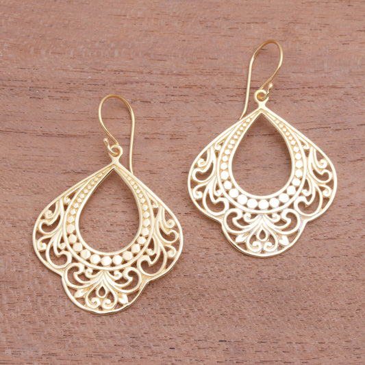 Original Elegance Patterned Gold Plated Sterling Silver Dangle Earrings