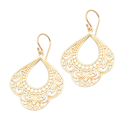 Original Elegance Patterned Gold Plated Sterling Silver Dangle Earrings