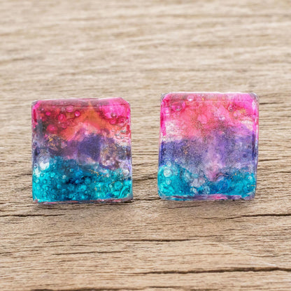 Infinite Universe Square Recycled Glass Button Earrings Crafted in Costa Rica