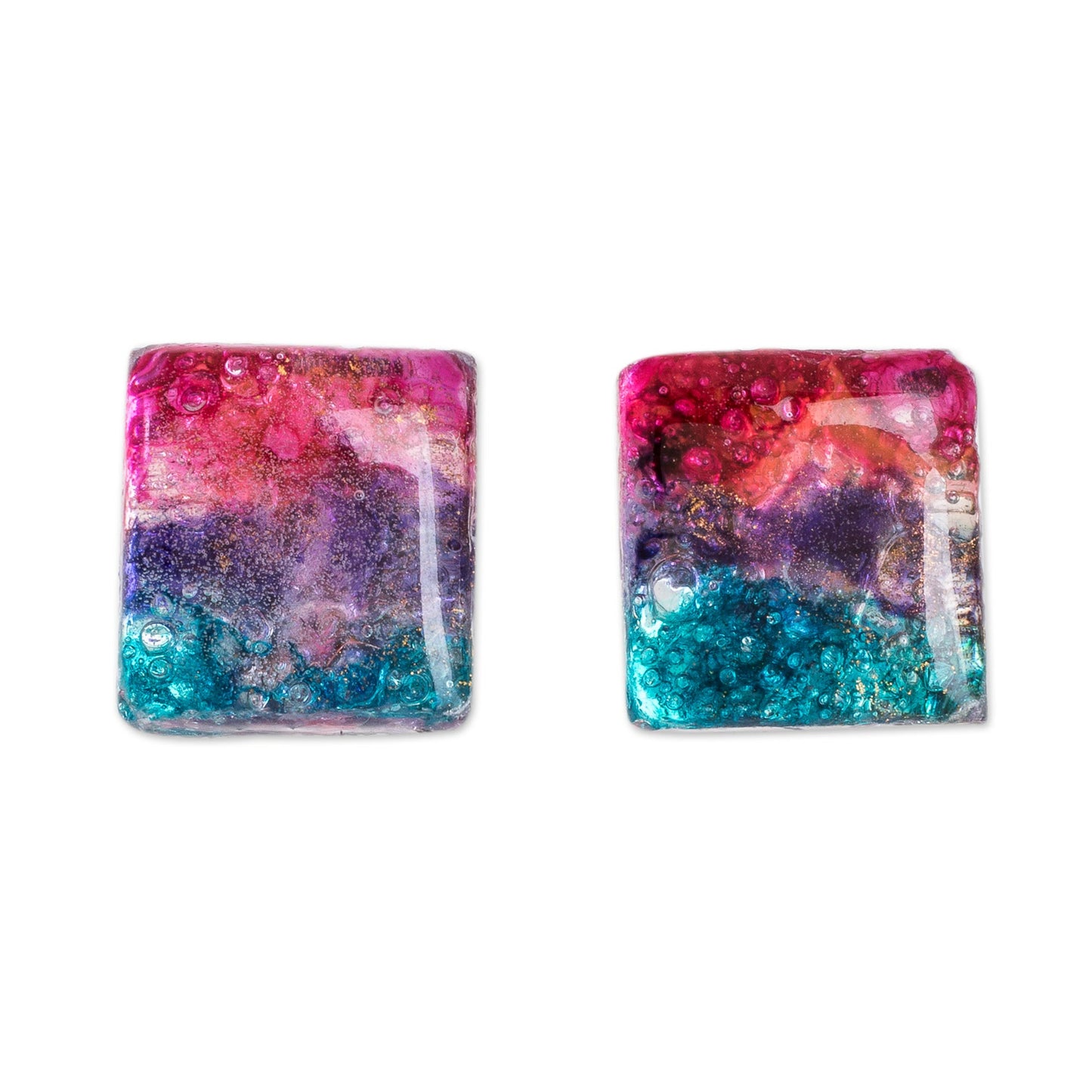 Infinite Universe Square Recycled Glass Button Earrings Crafted in Costa Rica