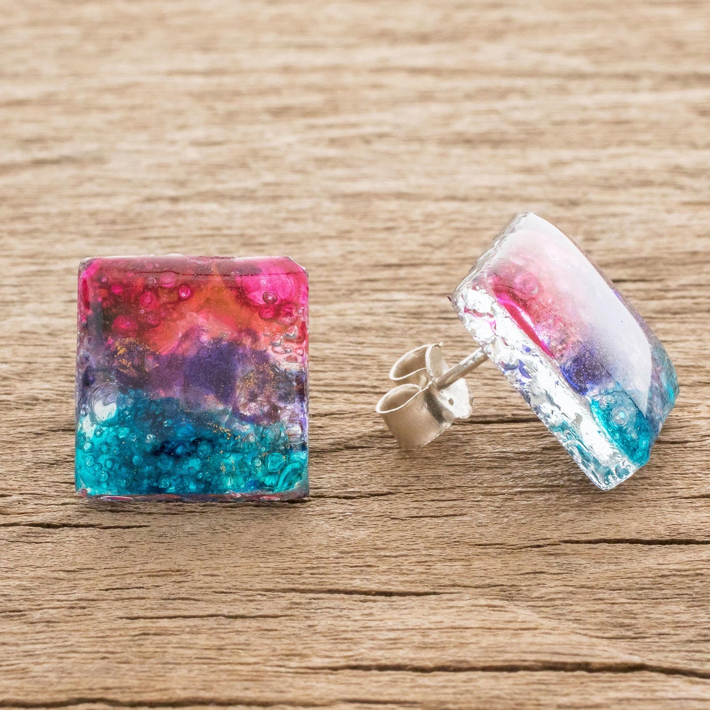 Infinite Universe Square Recycled Glass Button Earrings Crafted in Costa Rica