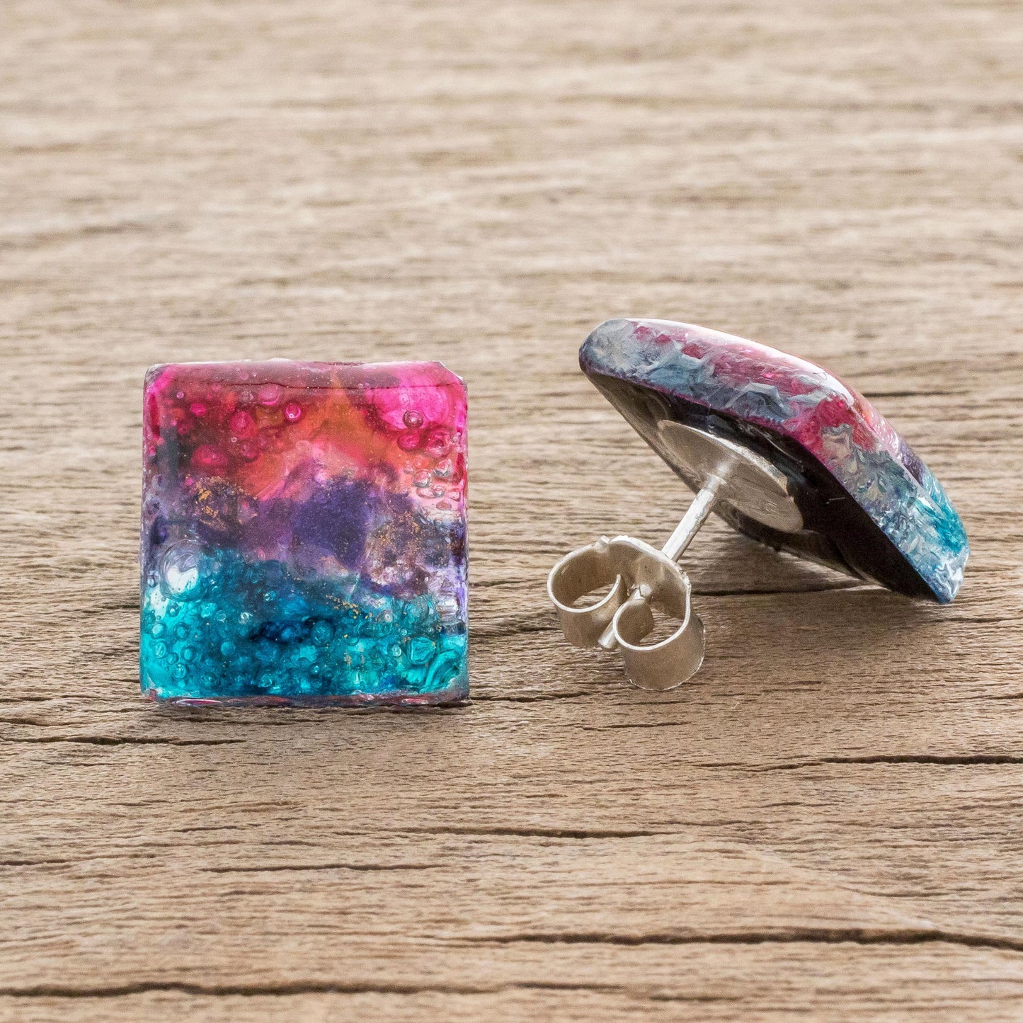 Infinite Universe Square Recycled Glass Button Earrings Crafted in Costa Rica