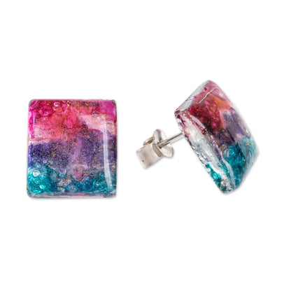 Infinite Universe Square Recycled Glass Button Earrings Crafted in Costa Rica