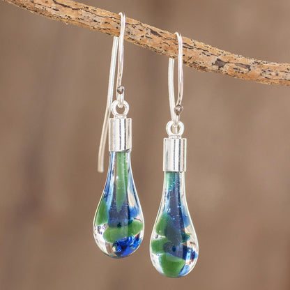 Ocean Reflection Blue and Green Art Glass Dangle Earrings from Costa Rica