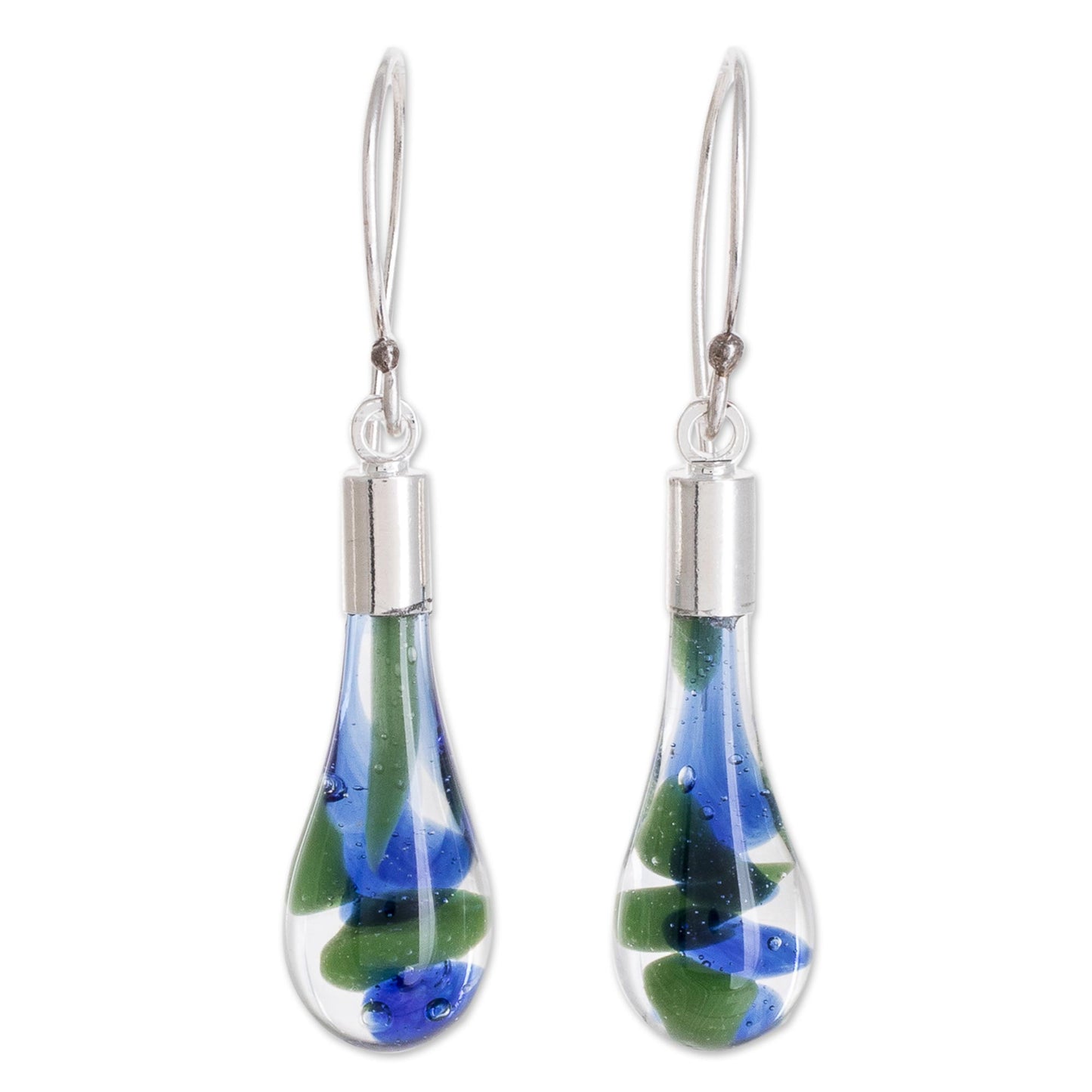 Ocean Reflection Blue and Green Art Glass Dangle Earrings from Costa Rica