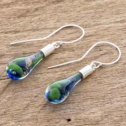 Ocean Reflection Blue and Green Art Glass Dangle Earrings from Costa Rica