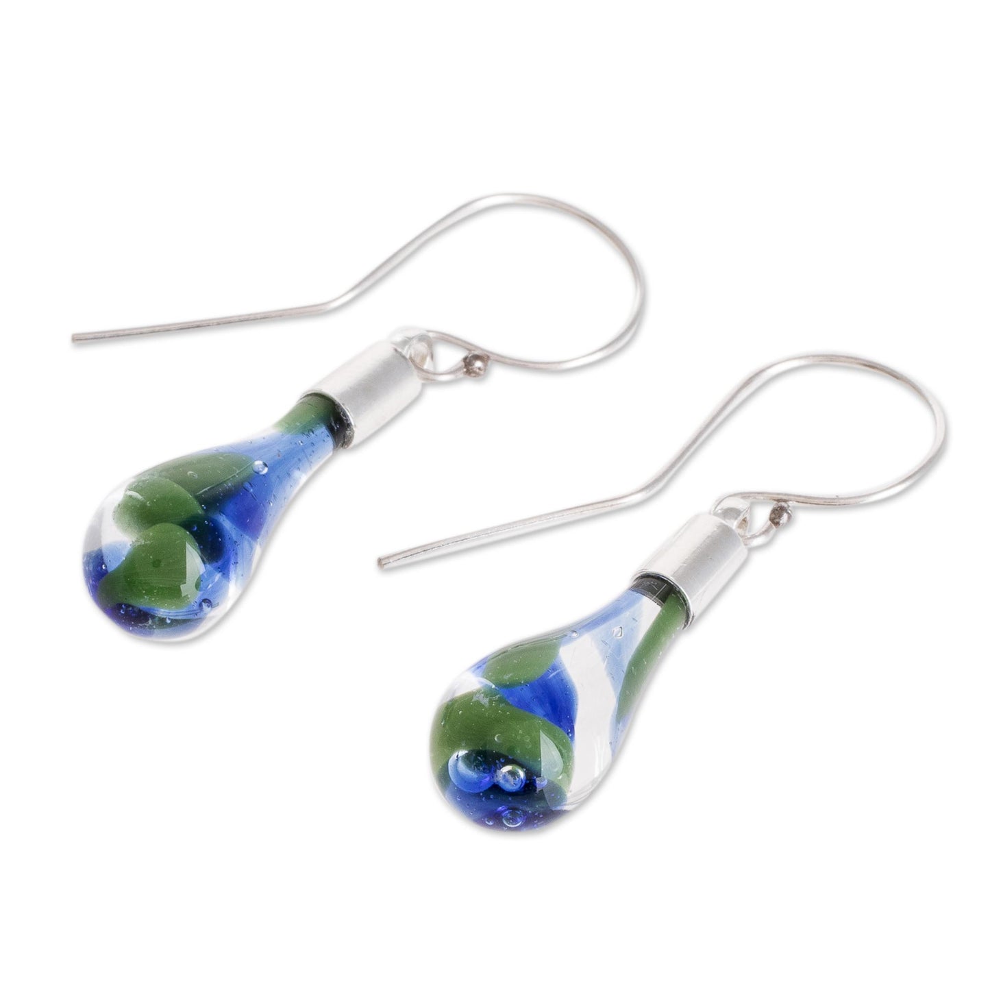 Ocean Reflection Blue and Green Art Glass Dangle Earrings from Costa Rica