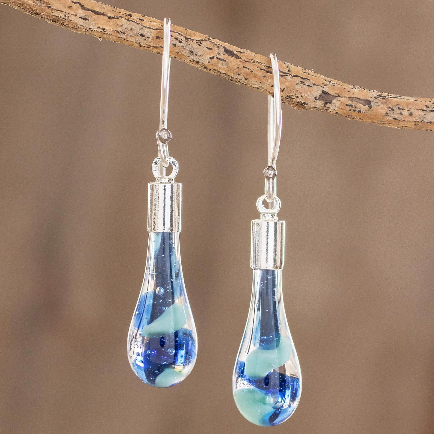 Sky and Sea Art Glass Dangle Earrings in Blue from Costa Rica