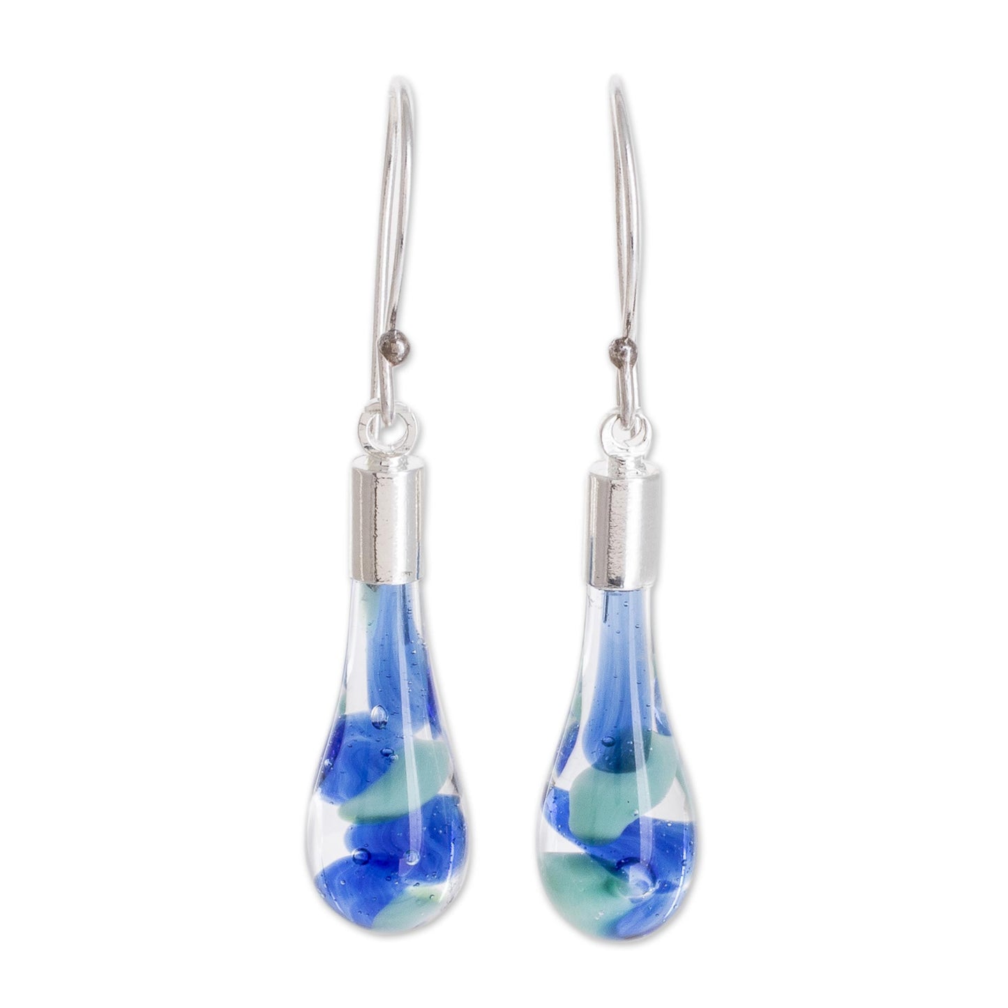 Sky and Sea Art Glass Dangle Earrings in Blue from Costa Rica