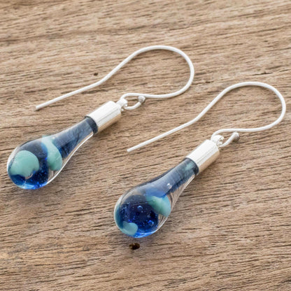 Sky and Sea Art Glass Dangle Earrings in Blue from Costa Rica