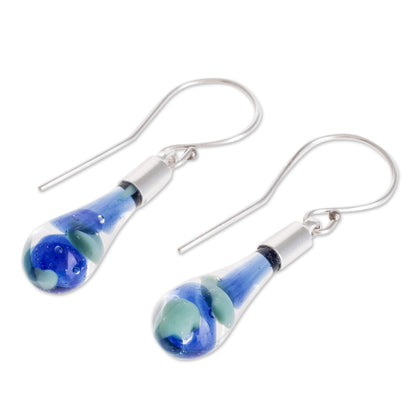 Sky and Sea Art Glass Dangle Earrings in Blue from Costa Rica